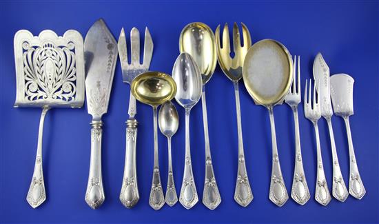 A part canteen of early 20th century continental silver fancy pattern cutlery, weighable silver 90 oz